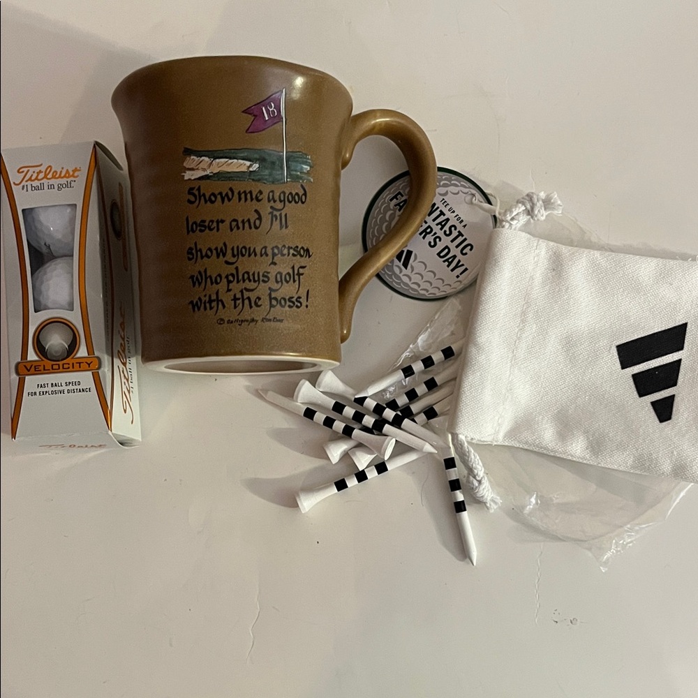 Golf-Themed Mug, Titlest balls and Addidas golf tees